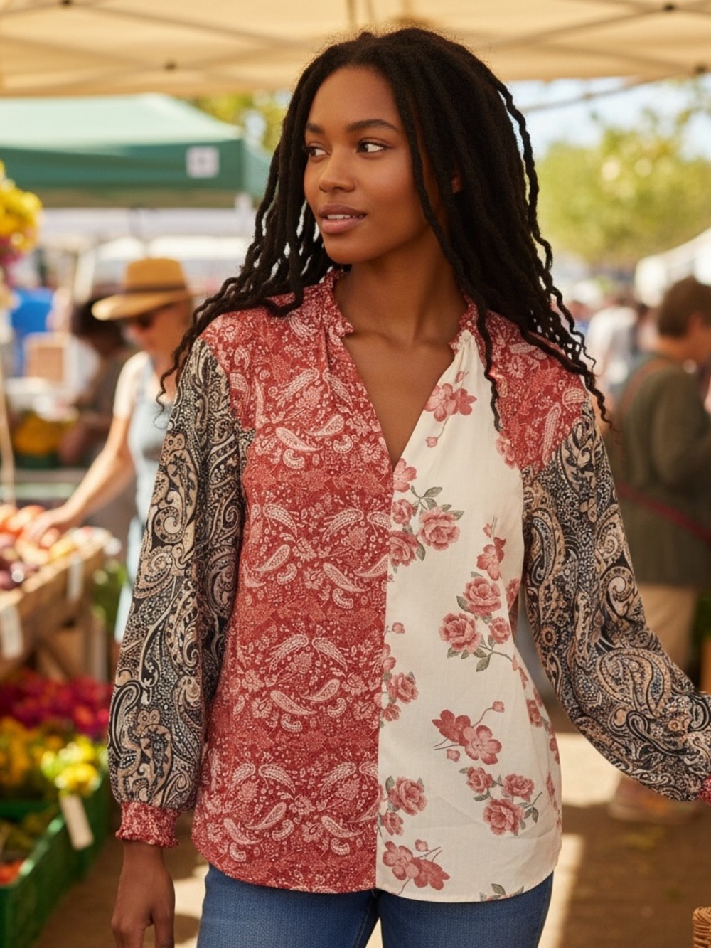 Mazik Red and White Floral Paisley Blouse M